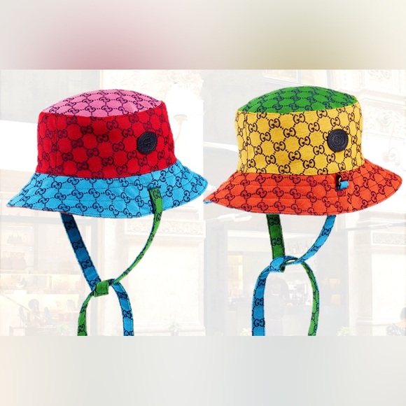 Gucci GG Straps Monogram Bucket Hat Multi-Color Reversible w Leather Logo Patch - Picture 8 of 12